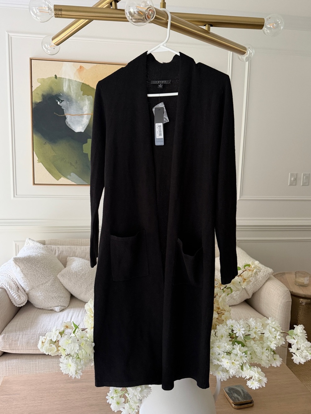 NWT Cyrus Black Open-Front Long Cardigan with Pockets